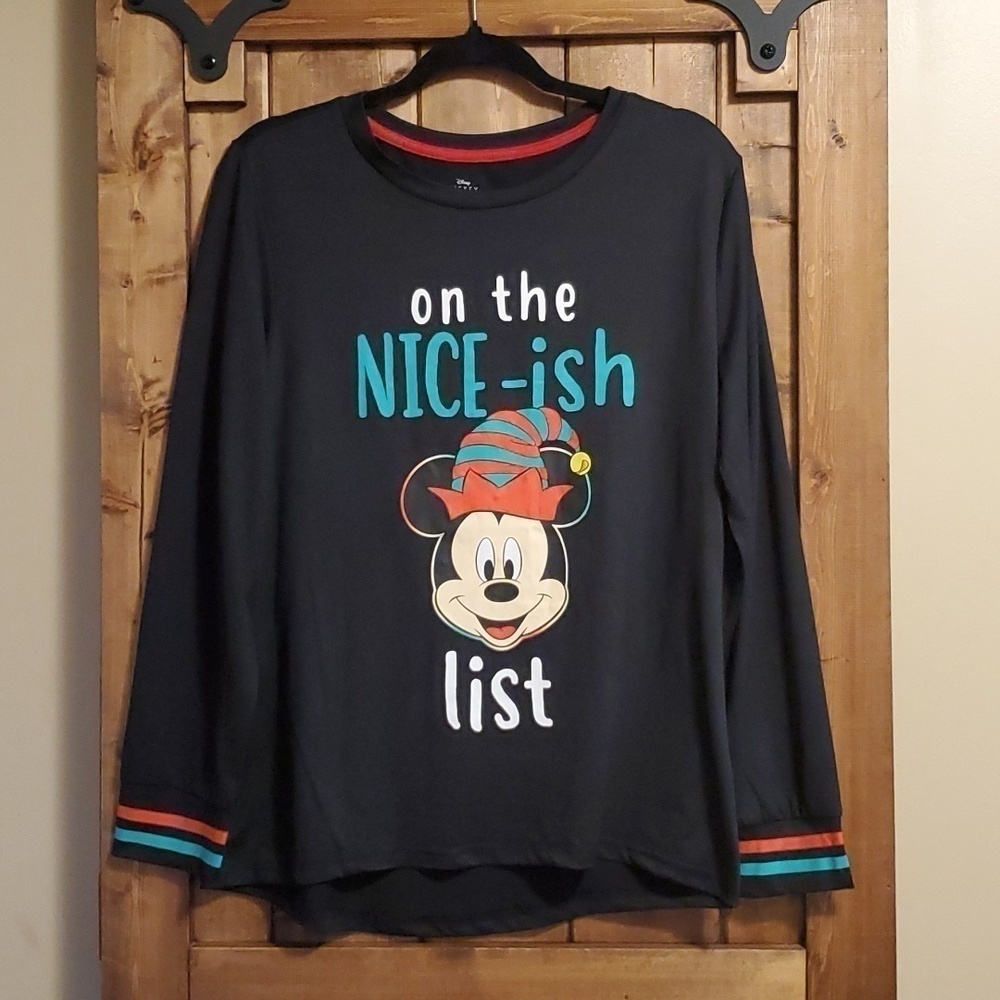 Disney Mickey Mouse Black Long Sleeve Christmas T-shirt Size Large
